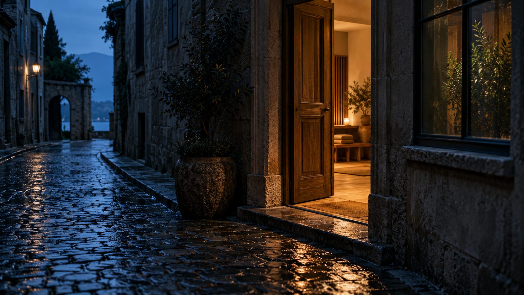 Puerta entreabierta de un centro de bienestar en la hora azul, con luz cálida saliendo del interior hacia una calle vacía