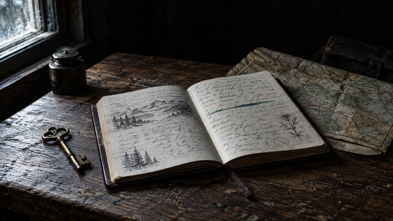 Cuaderno de notas abierto sobre una mesa de madera junto a una llave antigua, con luz lateral fría de primera hora
