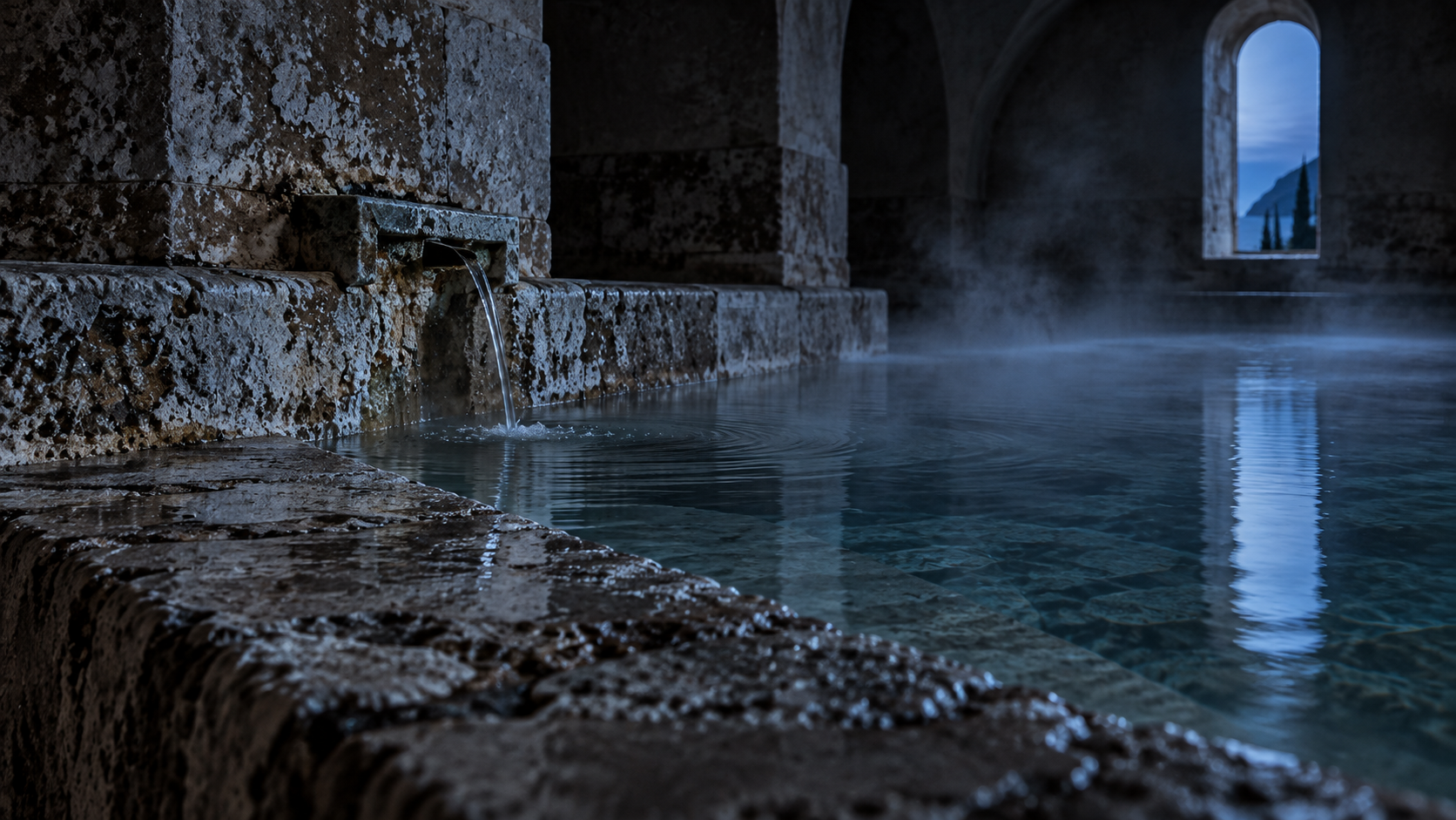 Detalle del borde de piedra de una piscina termal con el vapor del agua subiendo a la hora azul