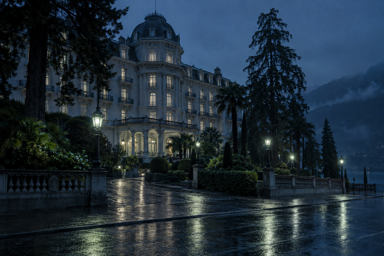 Fachada de un gran hotel balneario de principios del siglo XX bajo la lluvia, con la calle vacía y farolas encendidas a la hora azul