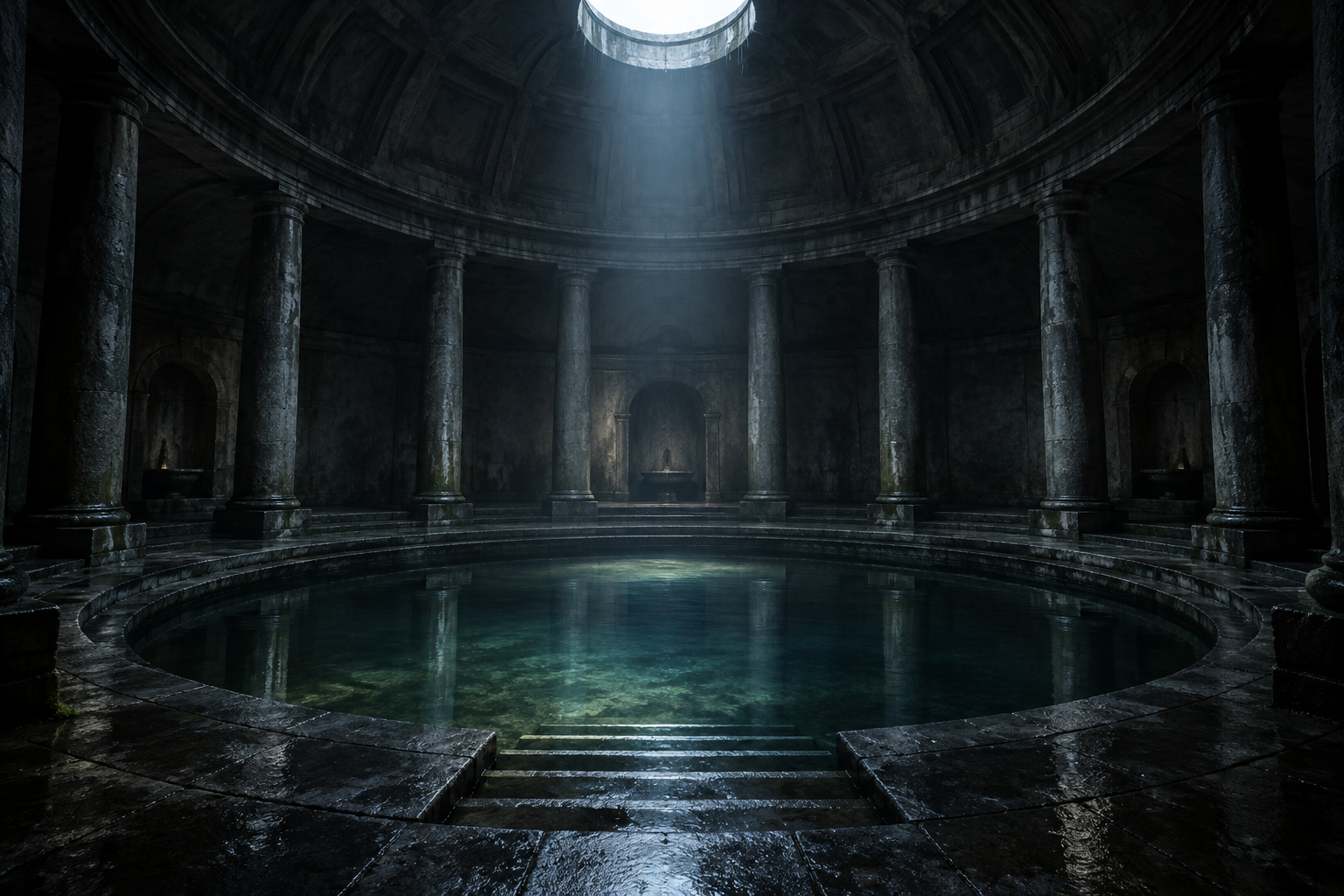 Interior de una cámara circular romana con cúpula y tragaluz, piscina redonda de agua quieta y escalera de piedra bajando hacia ella