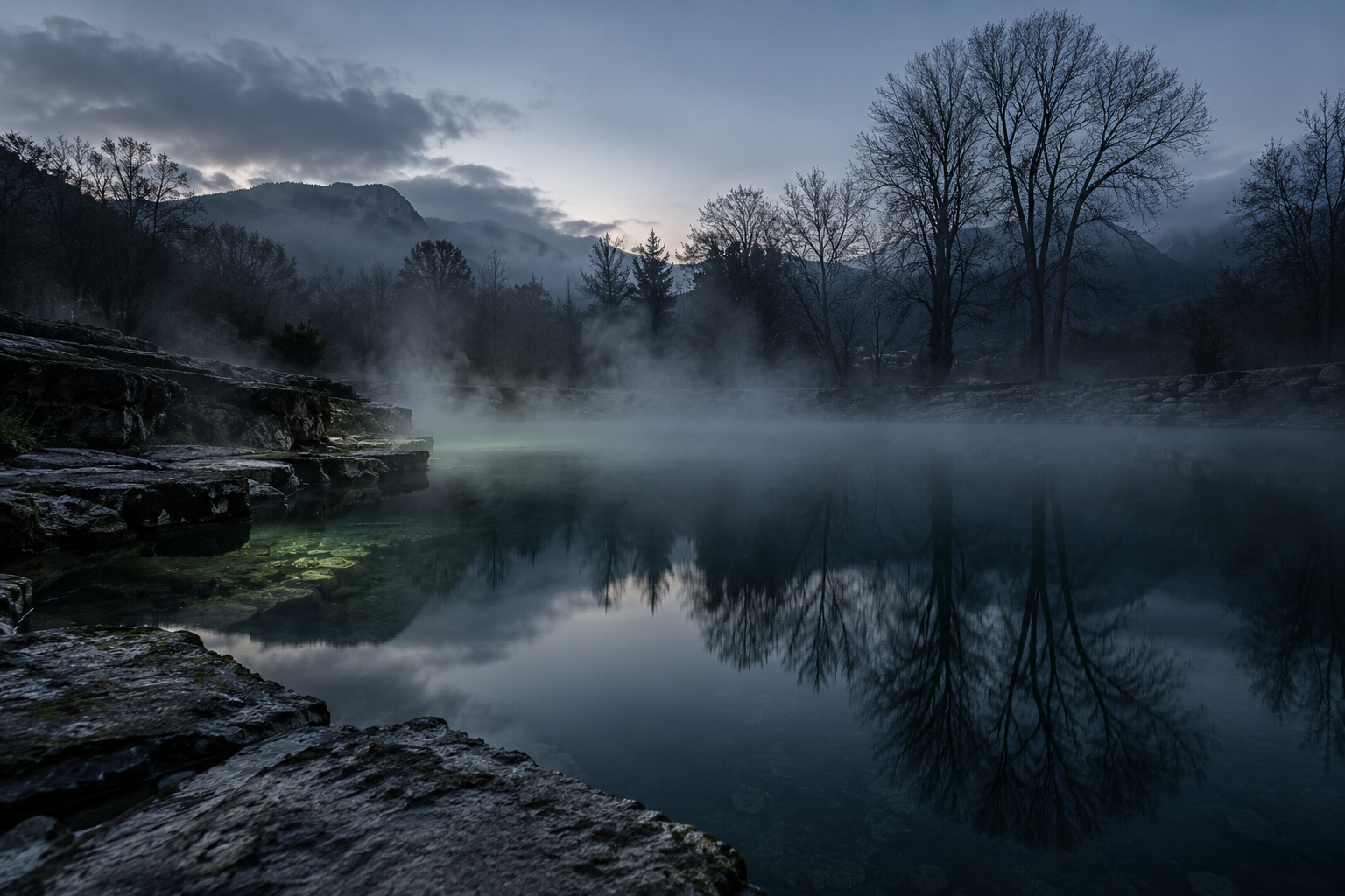 Lago termal con vaho al amanecer, orilla de piedra y árboles desnudos, sin nadie a la vista