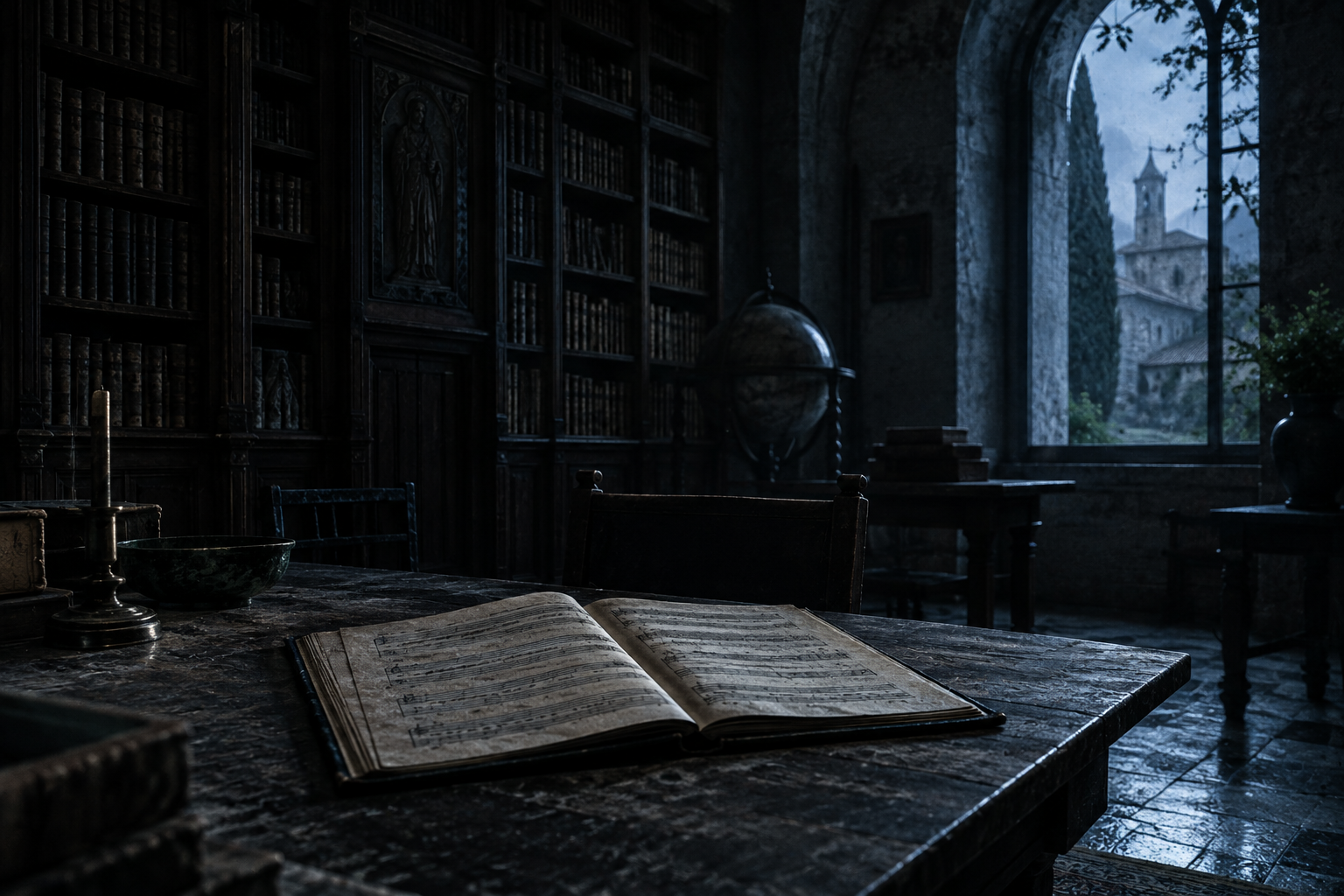 Biblioteca de monasterio en penumbra, estanterías antiguas, un cuaderno de música abierto sobre una mesa con polvo y luz azul de ventana