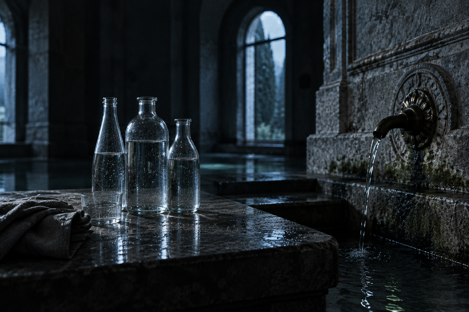 Botellas de vidrio con agua sobre una mesa de piedra junto a una fuente de balneario antigua, luz fría, sin etiquetas legibles