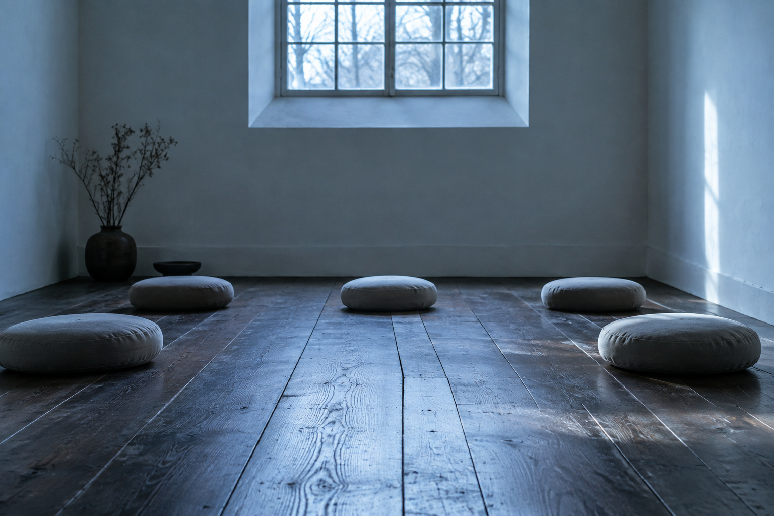 Sala de meditación vacía con suelo de madera, cojines alineados y luz azul entrando por una ventana alta