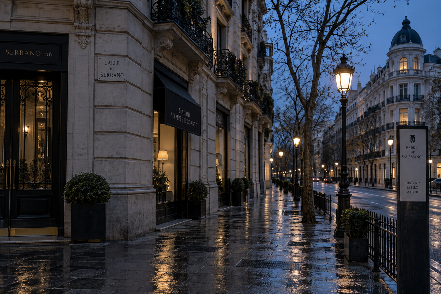 Esquina de una calle del barrio de Salamanca de Madrid a la hora azul, fachadas antiguas y farolas encendidas, sin nadie a la vista