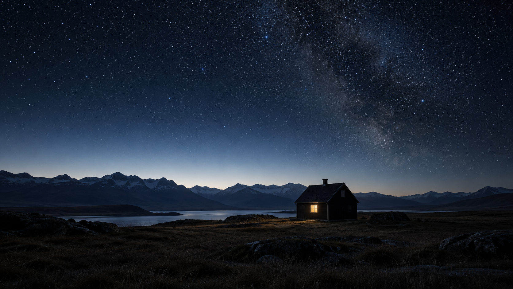Una ventana encendida en una casa a oscuras bajo un cielo estrellado, sin nadie a la vista