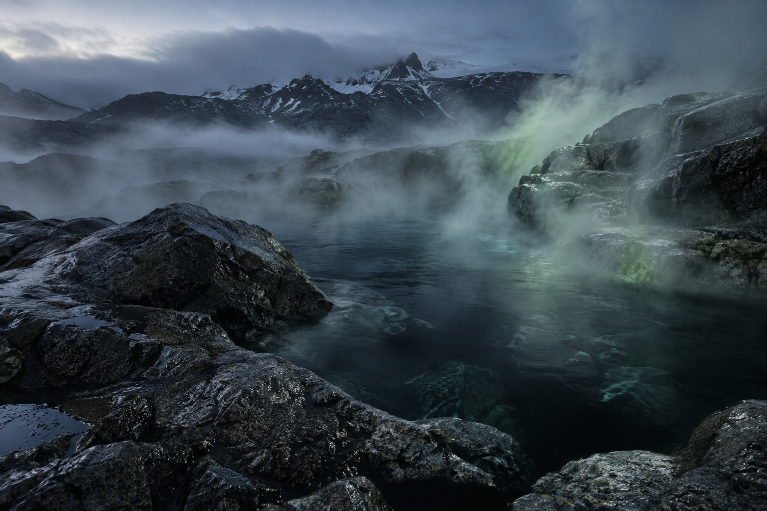 Vapor sobre agua oscura entre rocas al amanecer, sin nadie a la vista
