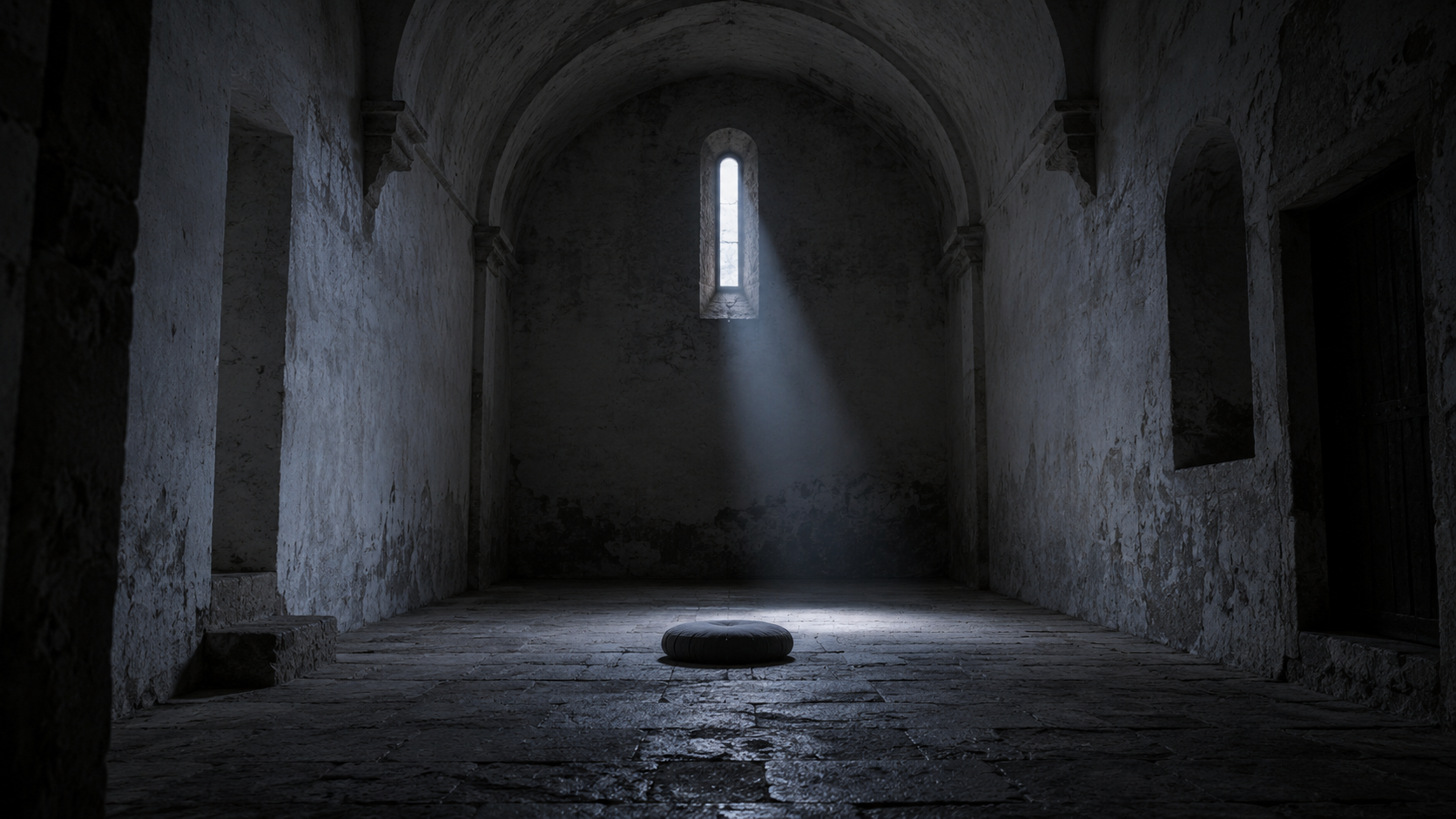 Interior de una pequeña capilla rural del siglo XIX vacía, con muros encalados y un cojín de meditación en el centro bajo la luz fría de un ventanuco