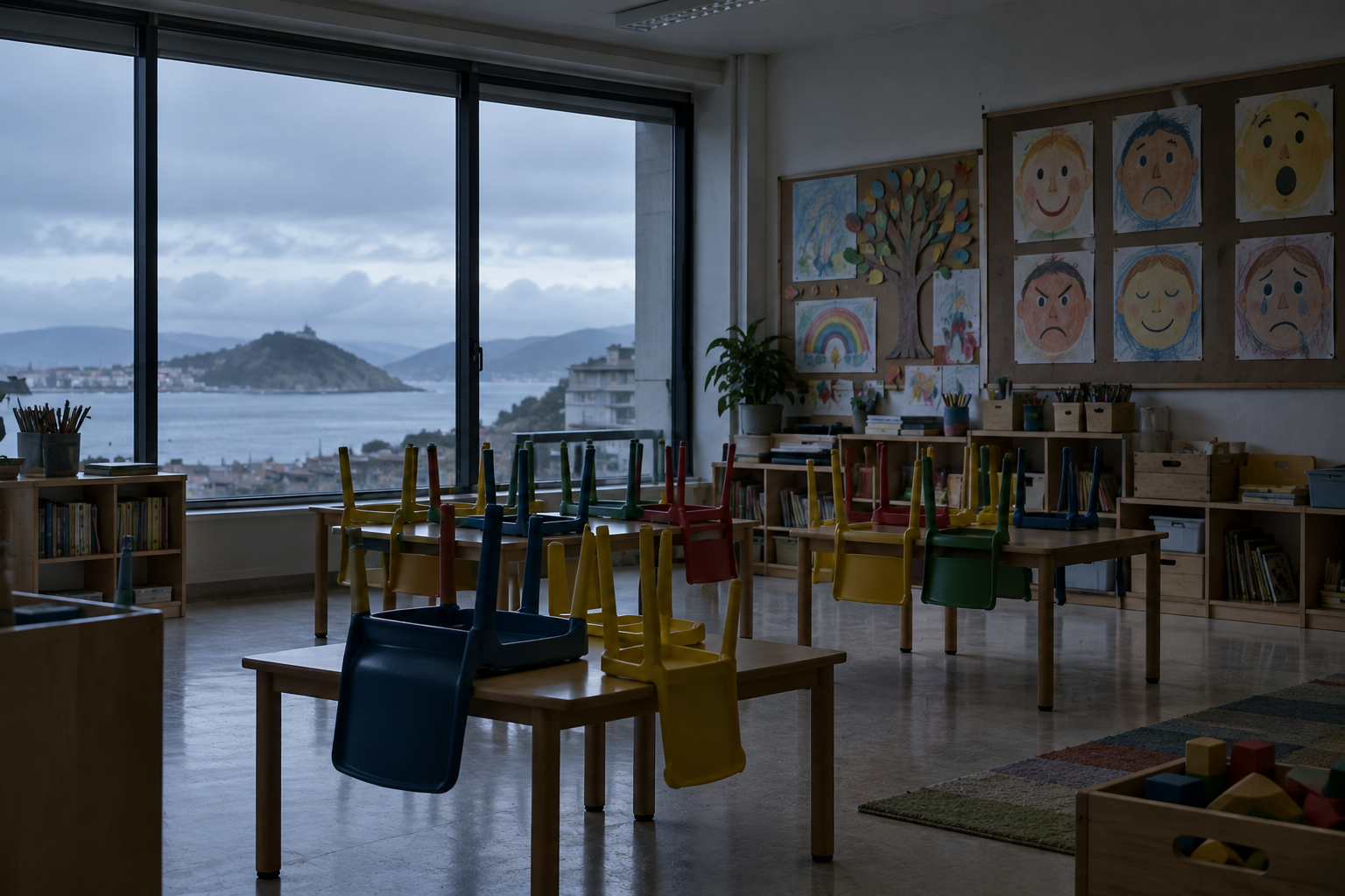 Aula de infantil vacía a primera hora de la mañana, con sillas pequeñas apiladas, dibujos de caras con distintas emociones colgados en la pared y la luz gris de la bahía entrando por la ventana