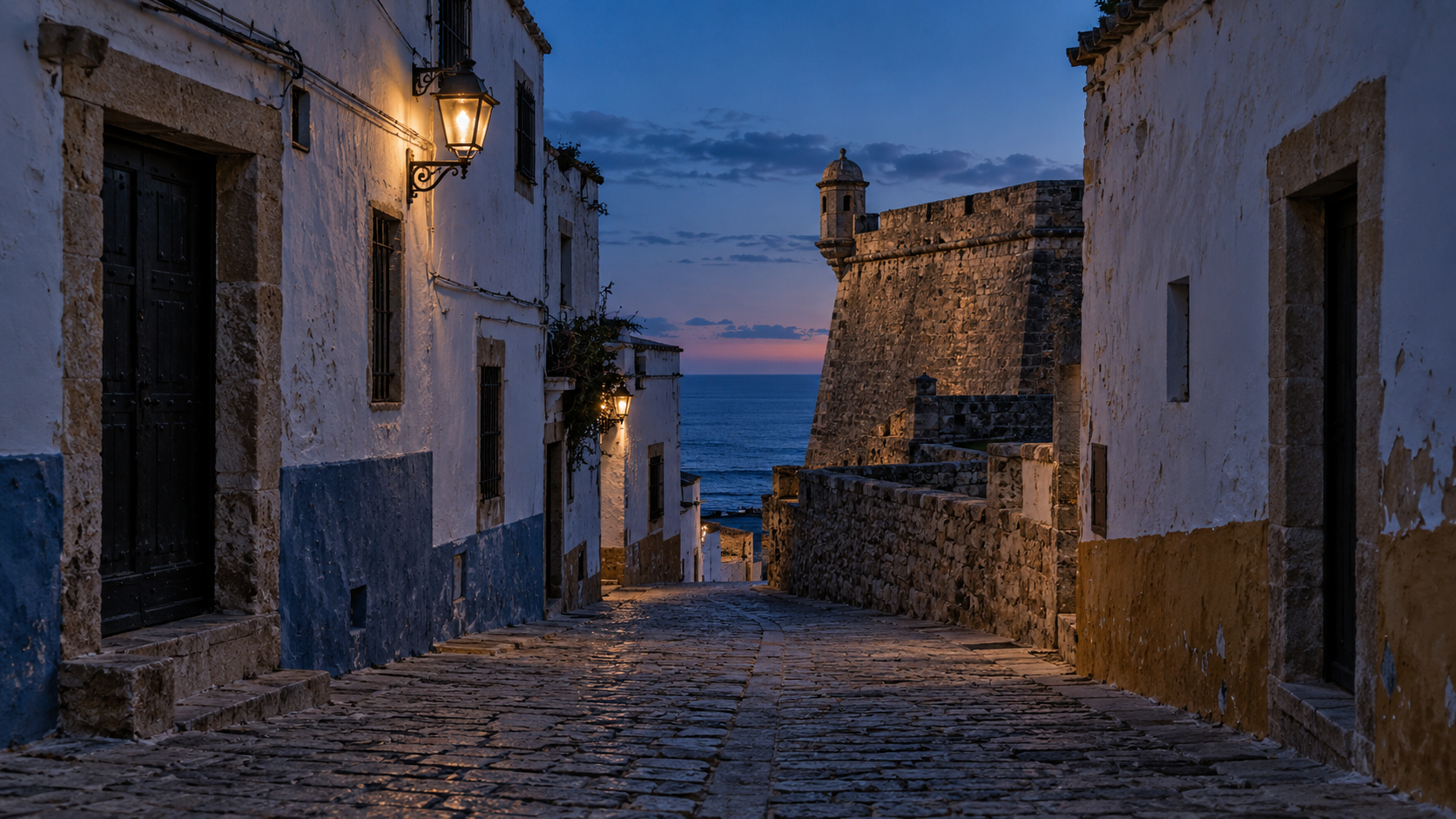 Calle encalada y vacía de la isla de Tabarca al atardecer, con la muralla al fondo y el mar asomando entre las casas, sin nadie a la vista