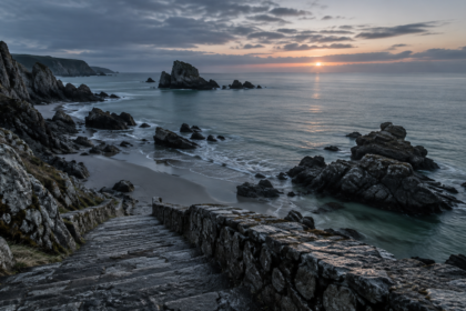 Escalinata de piedra que baja hacia un mar de invierno agitado, sin personas