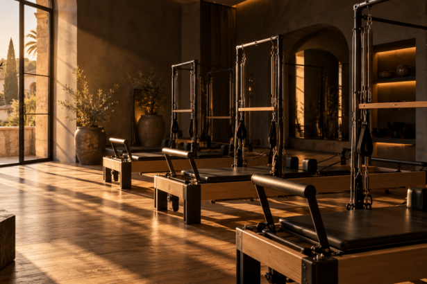 Pilates en Antequera, un estudio de reformer en la calle Merecillas con líneas de embarazo y recuperación y una fila de máquinas con torre