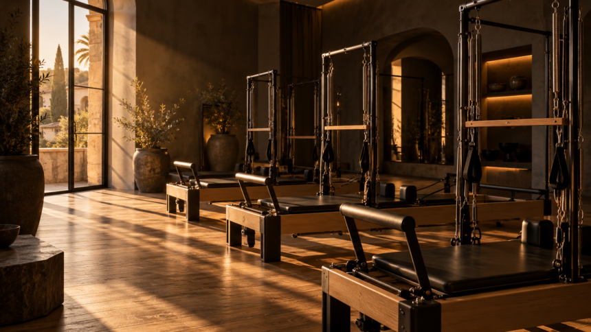 Pilates en Antequera, un estudio de reformer en la calle Merecillas con líneas de embarazo y recuperación y una fila de máquinas con torre
