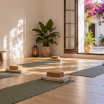 Estudio de yoga con patio florido en la bahía de Cádiz