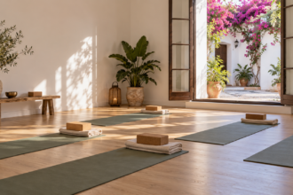 Estudio de yoga con patio florido en la bahía de Cádiz