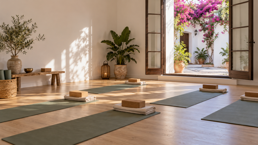 Estudio de yoga con patio florido en la bahía de Cádiz