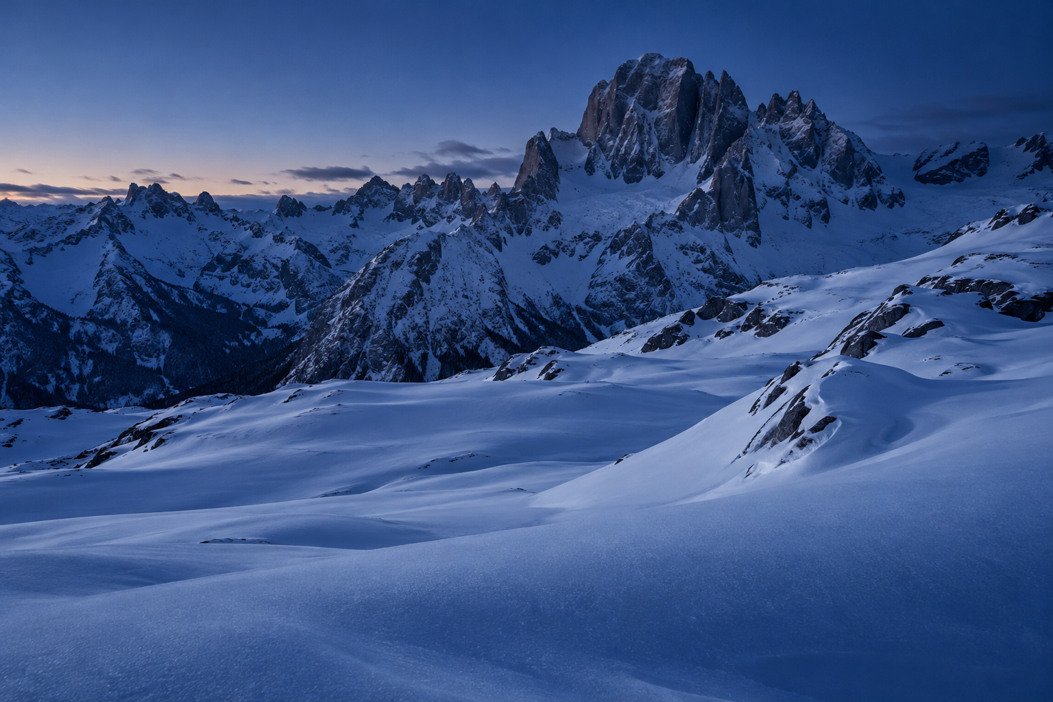 Paisaje de alta montaña nevado al anochecer, sin construcciones ni personas