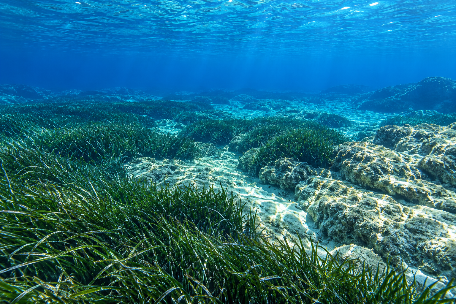 Fondo marino de posidonia y roca clara en aguas transparentes de la reserva de Tabarca, con la luz del sol llegando intacta al fondo, sin buceadores ni personas
