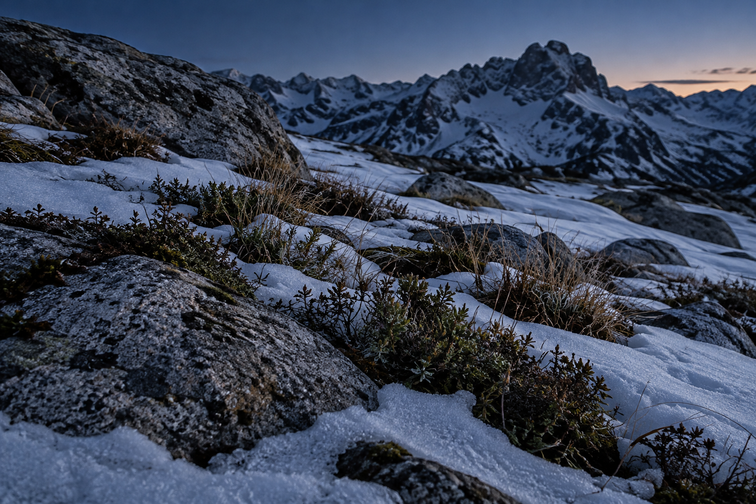 Pradera de alta montaña con nieve parcial y rocas de granito, sin ninguna construcción, en la sierra de Guadarrama