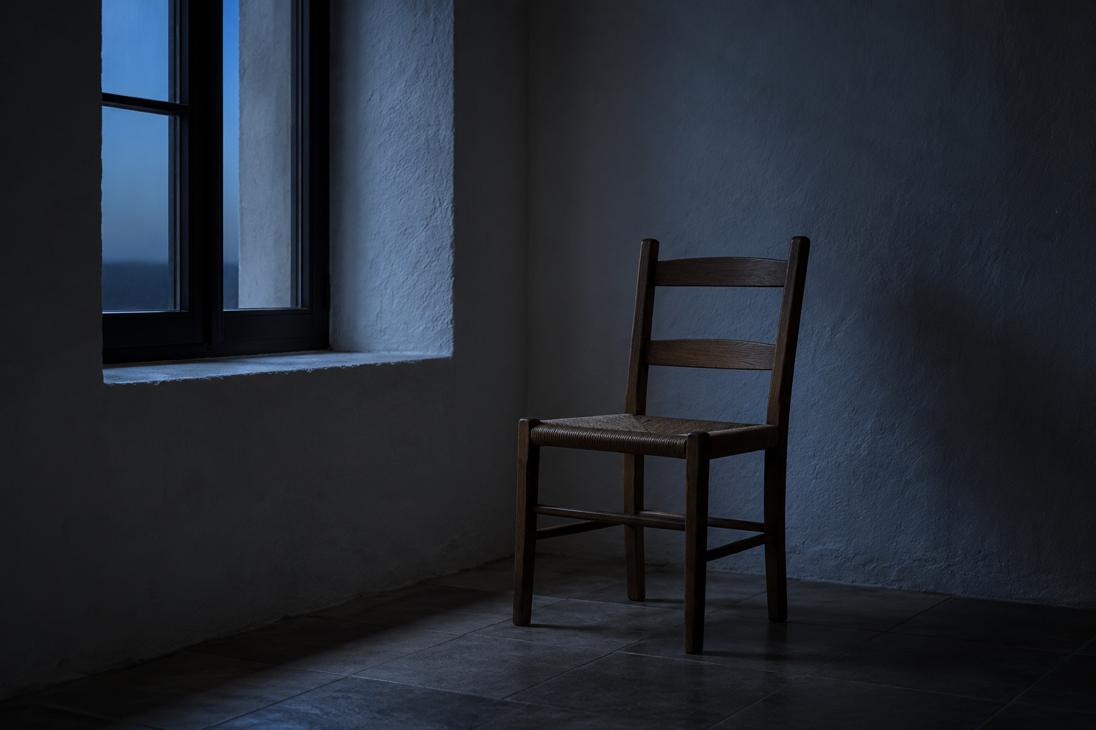 Una silla de madera vacía junto a una ventana con luz baja, en una habitación sencilla, sin personas