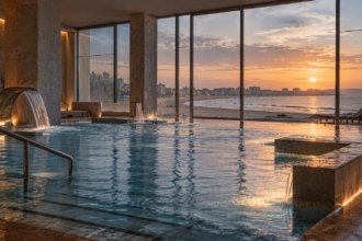 Spa frente al mar al atardecer en la bahía de Cádiz