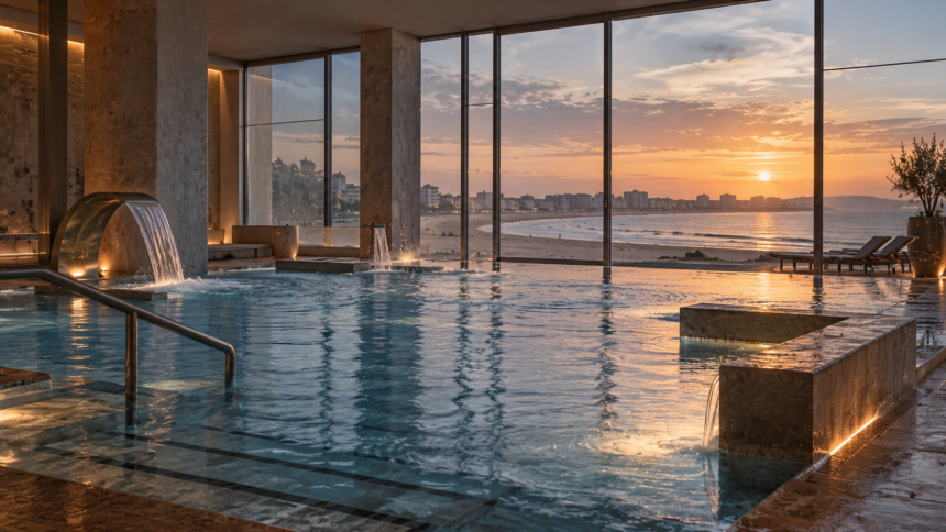 Spa frente al mar al atardecer en la bahía de Cádiz