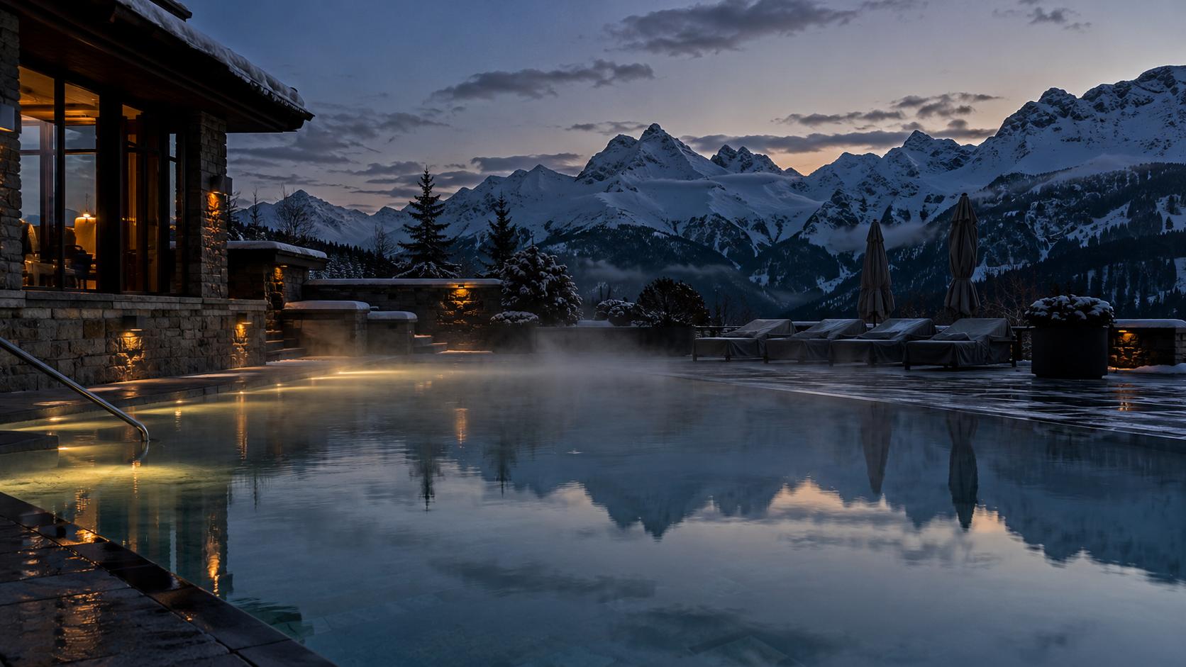 Piscina termal vacía de un balneario de montaña con vapor y las primeras nieves en las cumbres del fondo, sin nadie a la vista