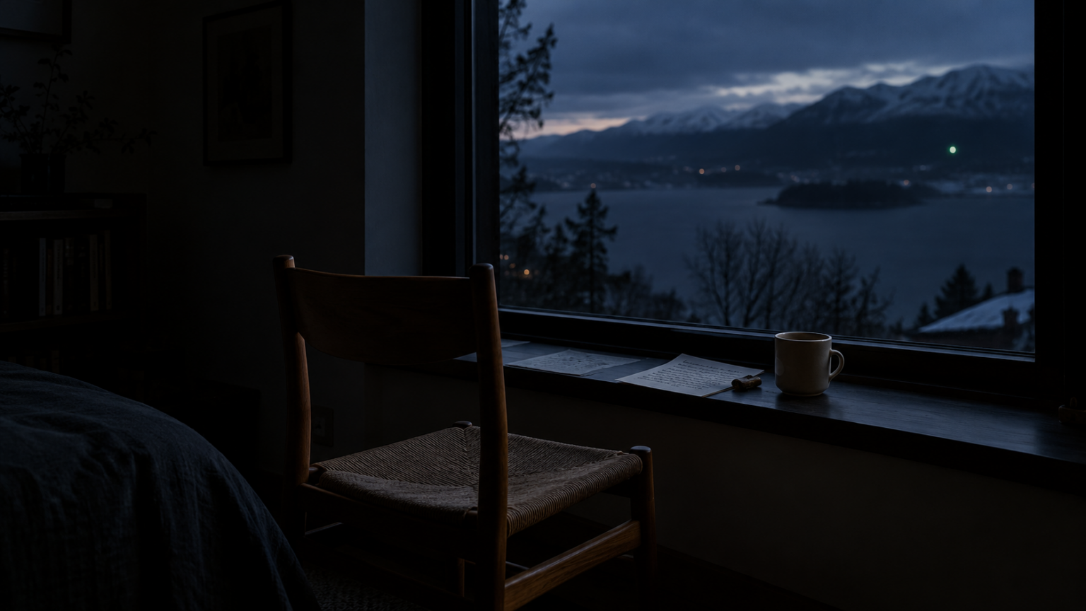 Silla de madera frente a una ventana en la hora azul, con una carta y una taza en el alféizar