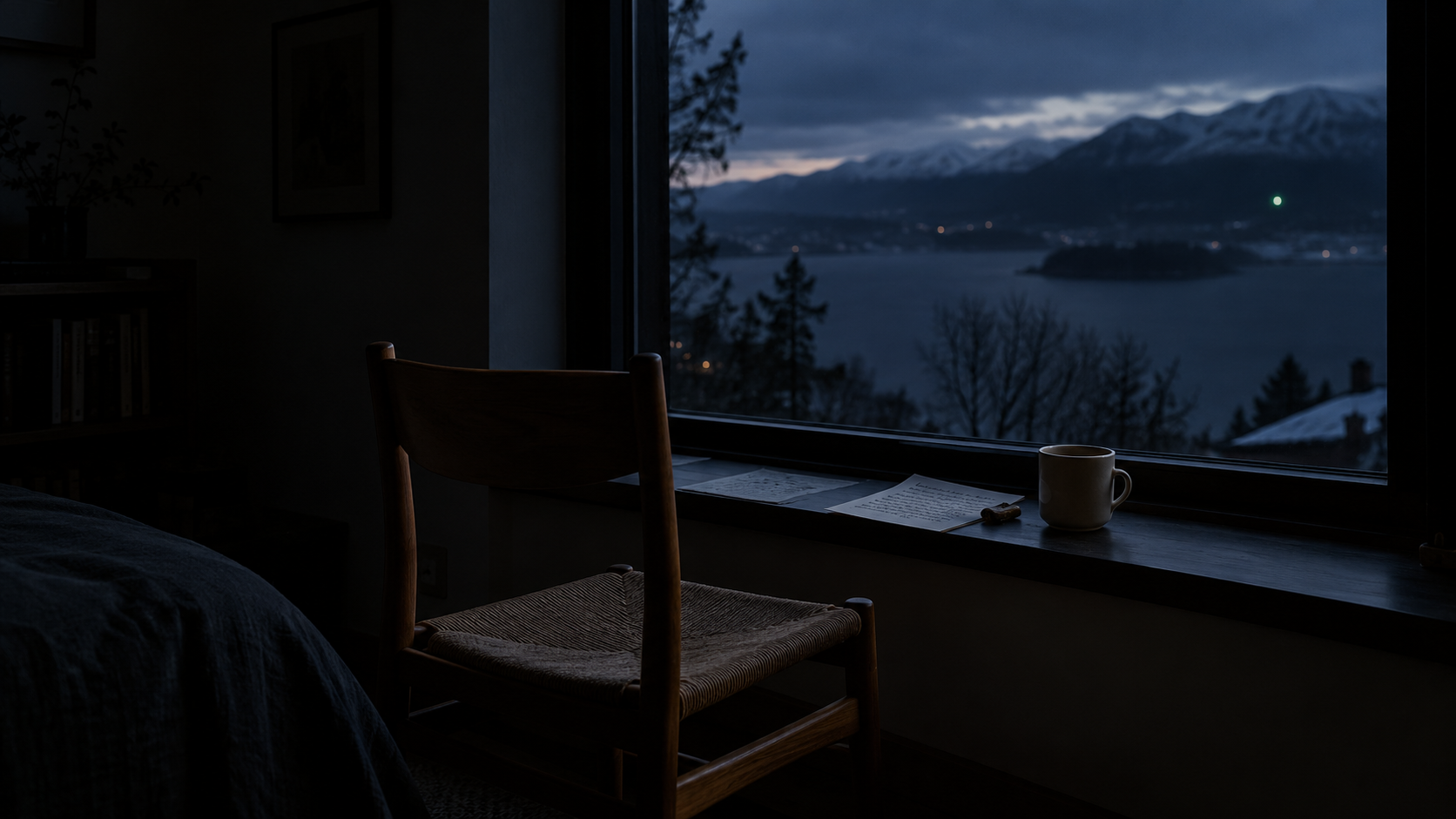 Silla de madera frente a una ventana en la hora azul, con una carta y una taza en el alféizar